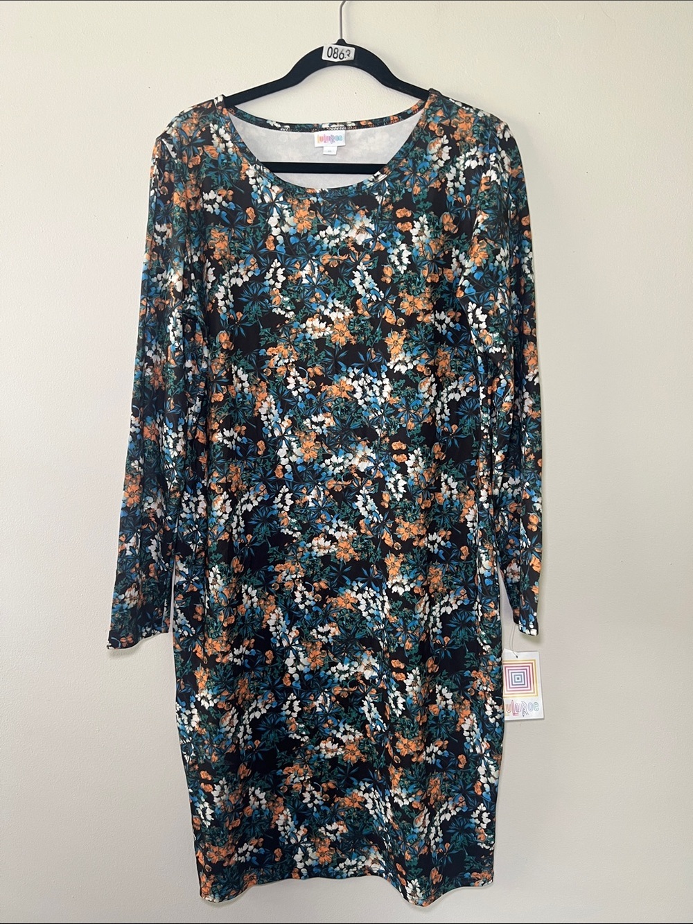 LuLaRoe Debbie Blue, Orange, & White Floral Long Sleeve Dress